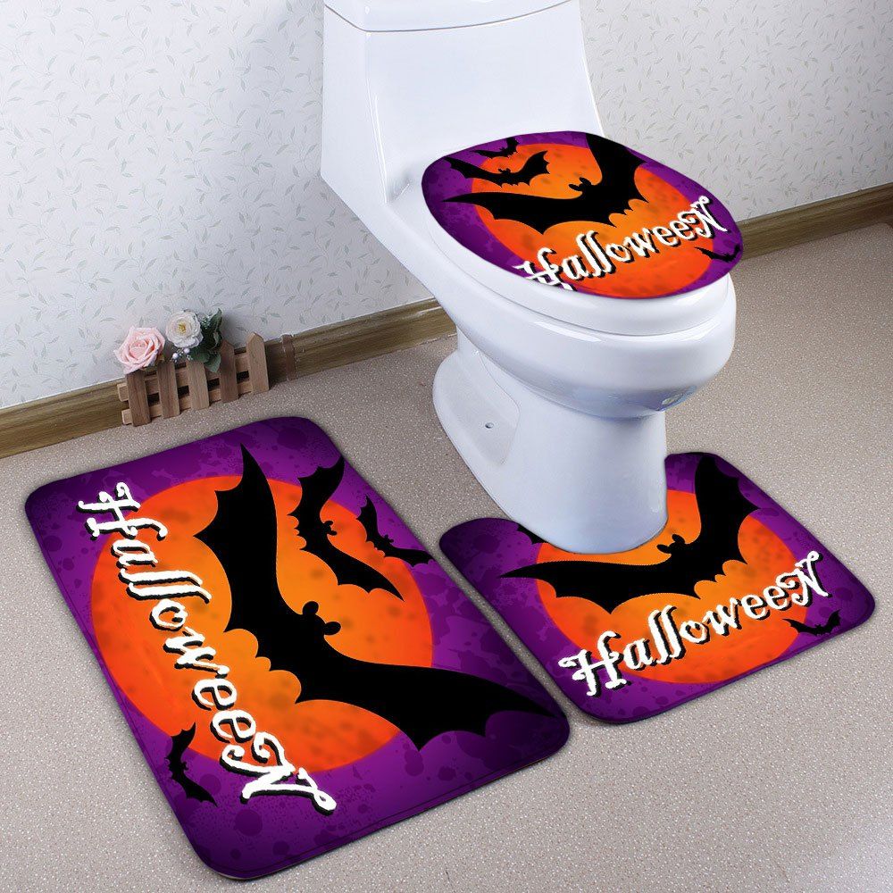 

Halloween Bat Flannel 3PCS Bath Toilet Mats Set, Purple