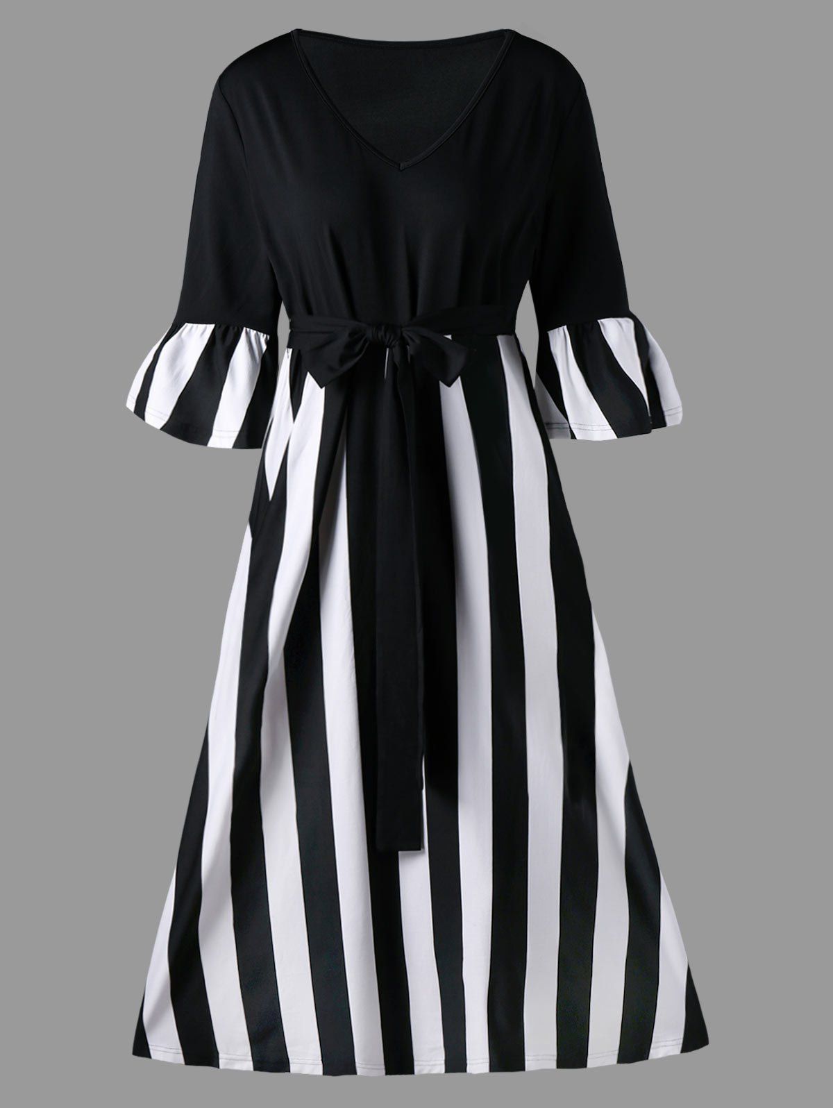 

Plus Size Striped Tie Belt Tea Length Dress, Black stripe