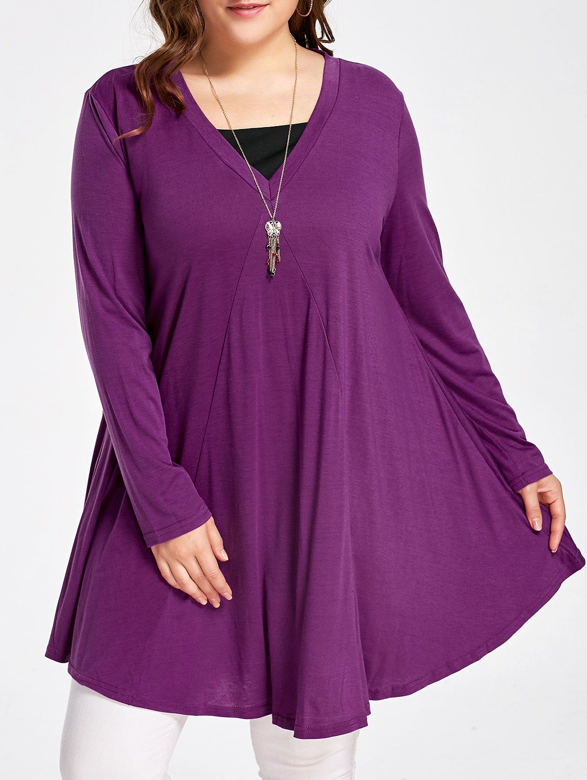 [17% OFF] 2021 Plus Size Long Sleeve Flowy Swing T-shirt In PURPLE ...