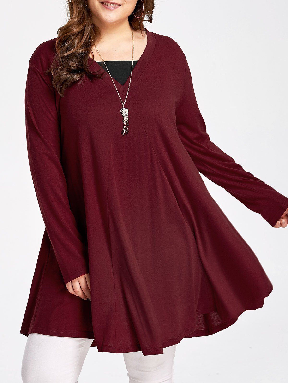 

Plus Size Long Sleeve Flowy Swing T-shirt, Wine red