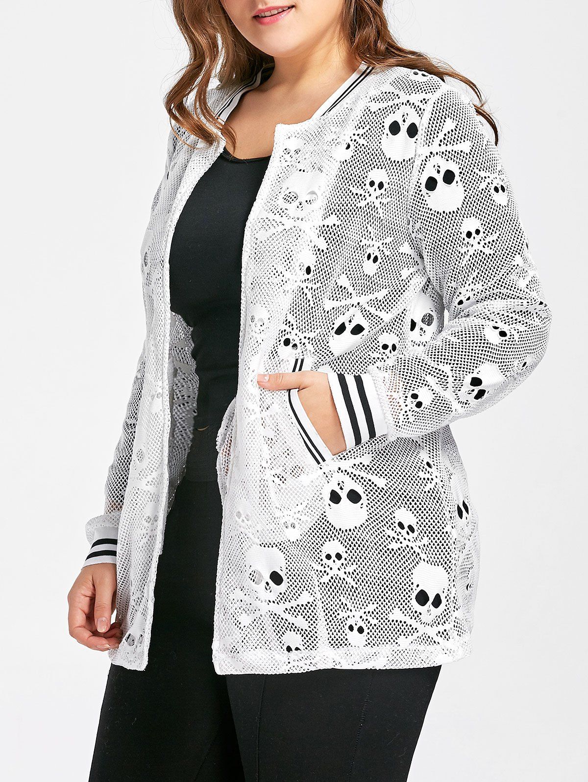 

Plus Size Skull Openwork Collarless Jacket, White