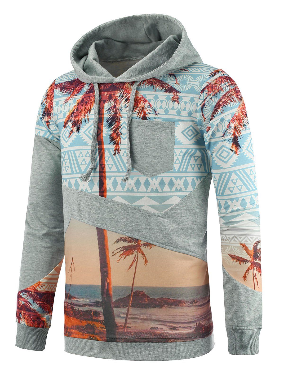 

Tribal Coconut Tree Print Drawstring Pocket Hoodie, Colormix