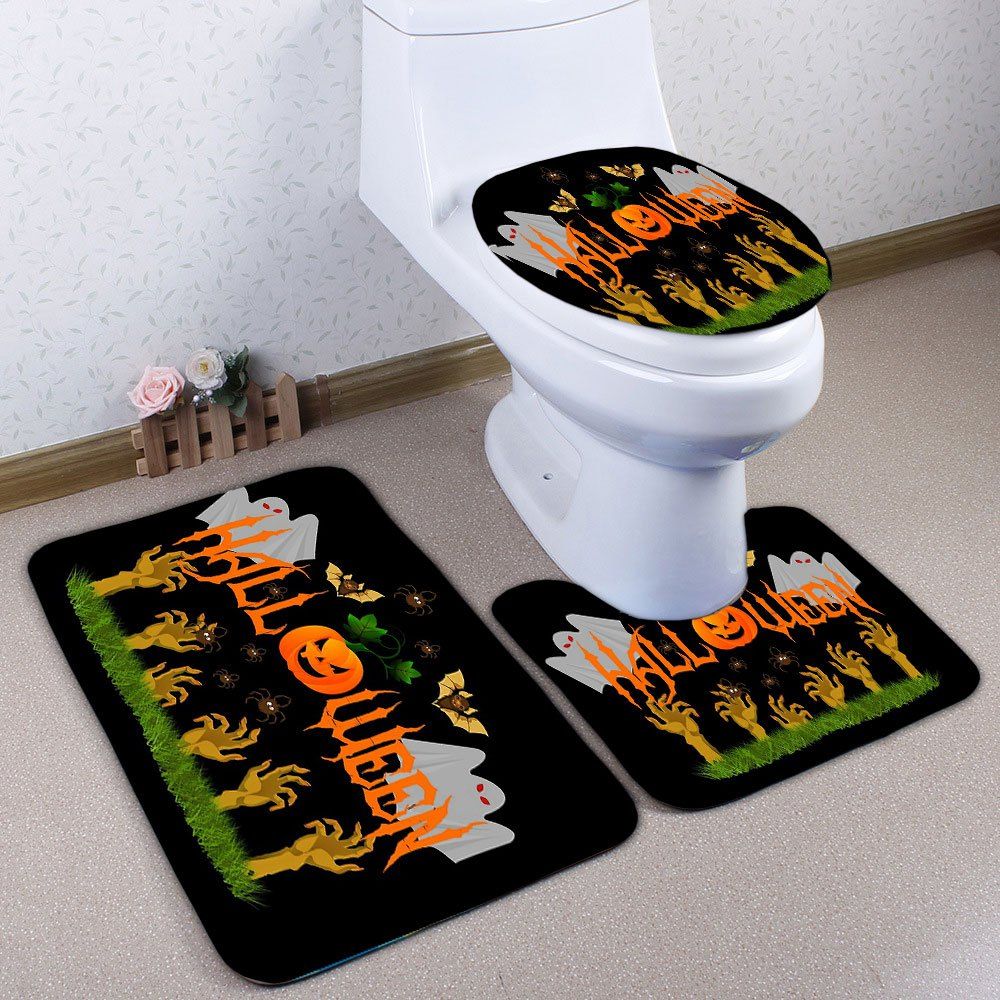 

Halloween Ghost Pumpkin 3PCS Bath Toilet Rugs Set, Black