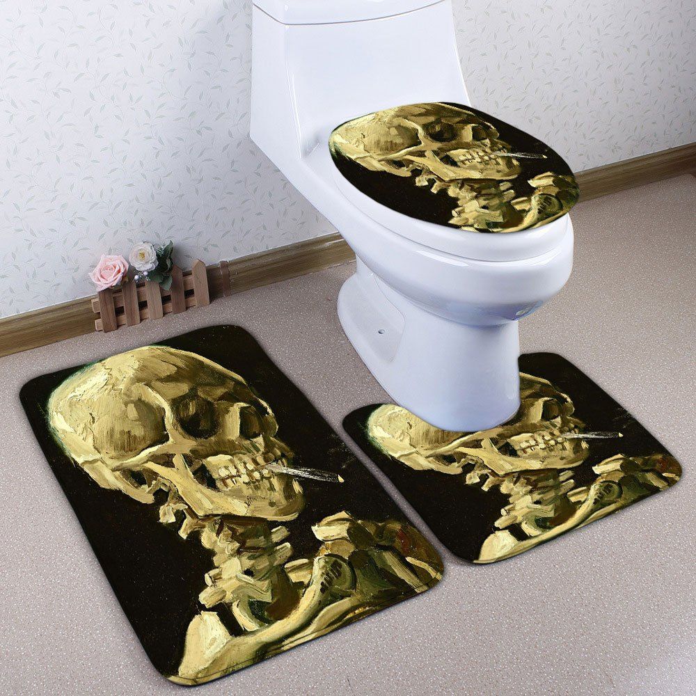 

Bathroom Flannel 3PCS Skull Print Toilet Rugs Set, Black