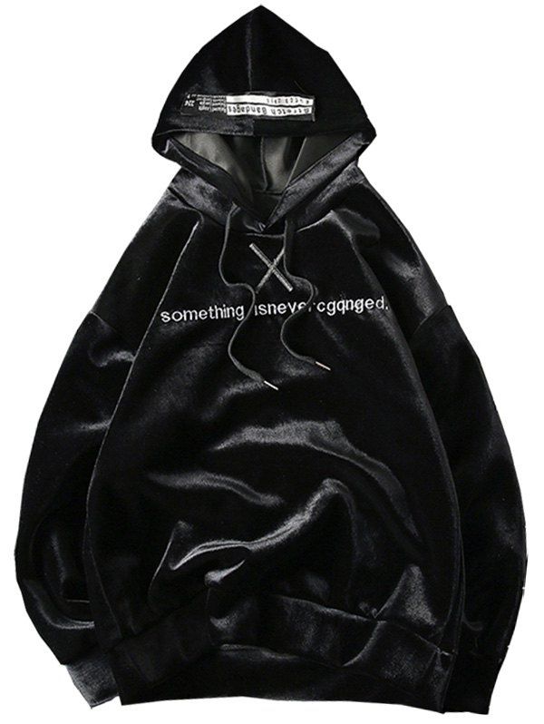 

Drawstring Embroidery Velveteen Hoodie, Black