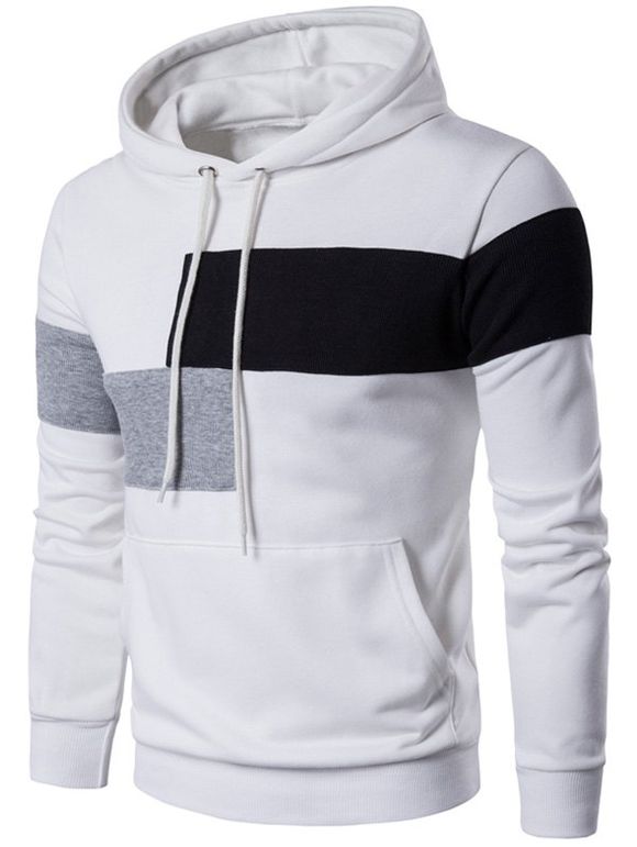 Sweat à Capuche en Blocs de Couleurs avec Poche Kangourou à Cordon - Blanc 3XL