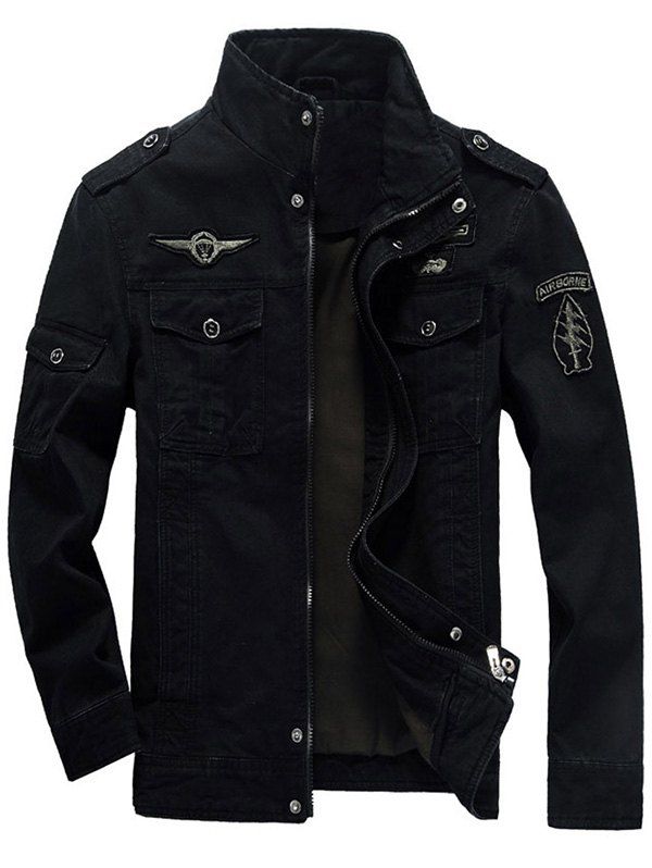 

Flap Pocket Zip Up Patch Jacket, Black