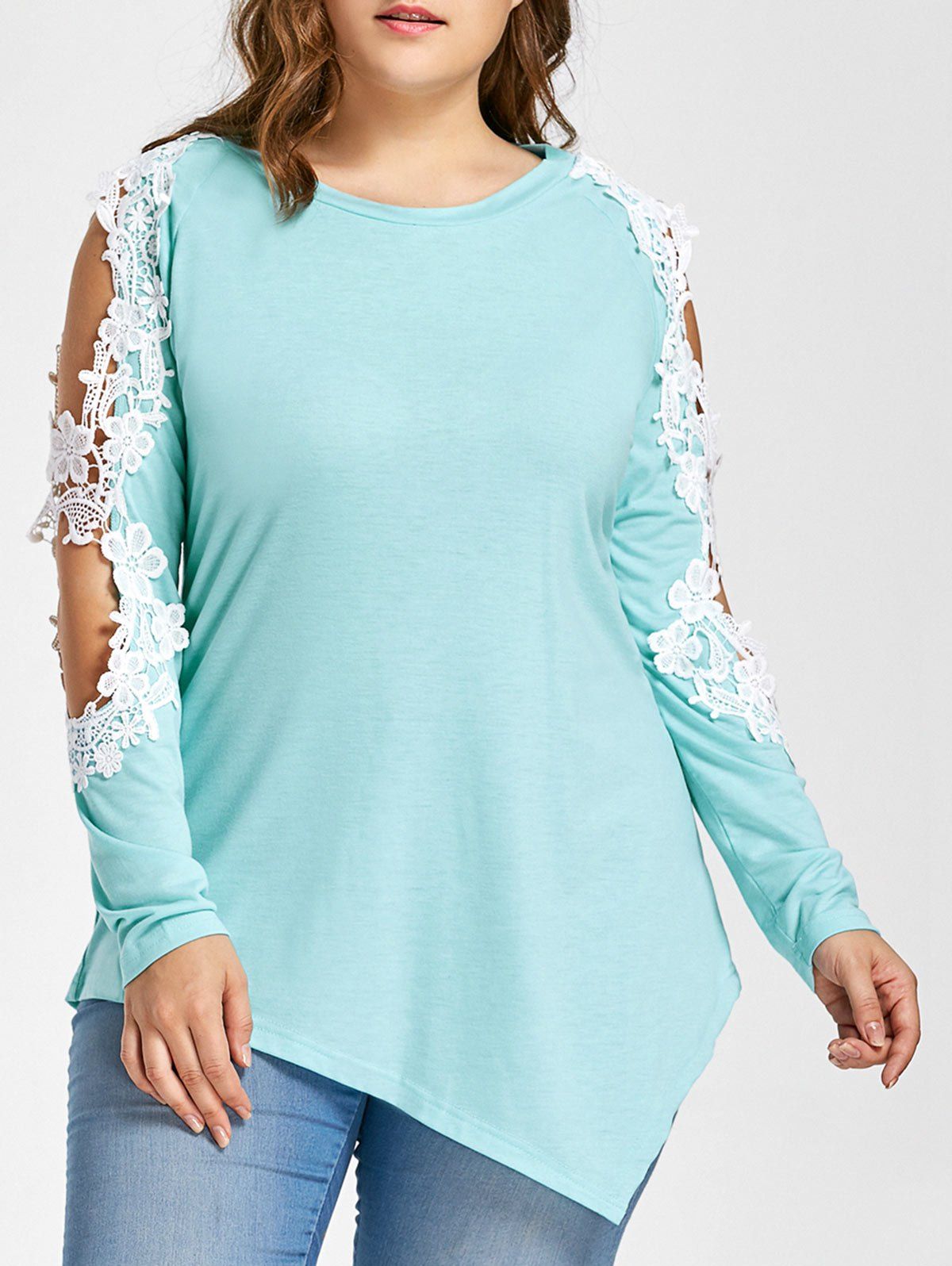 

Plus Size Lace Panel Cold Shoulder Asymmetrical Tee, Breezy