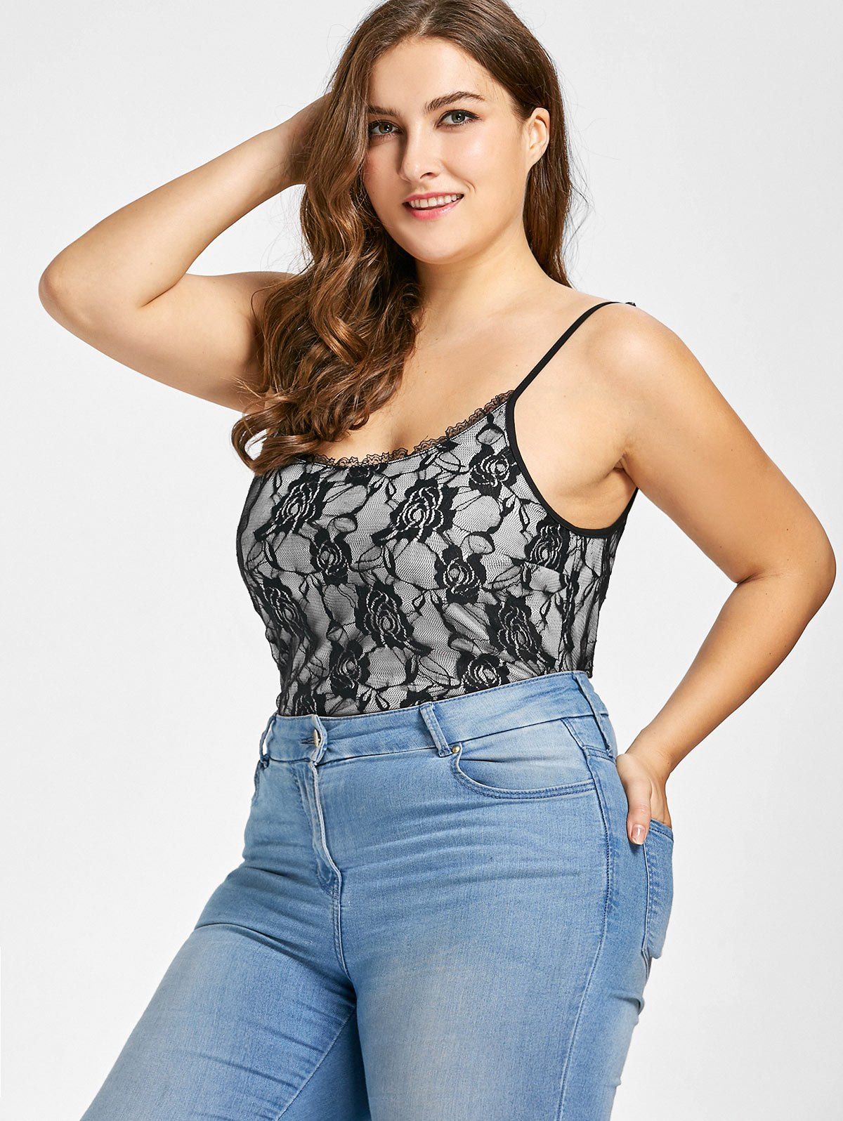 2018 Plus Size Rose Lace Cami Bodysuit BLACK XL In Plus Size T-shirts ...