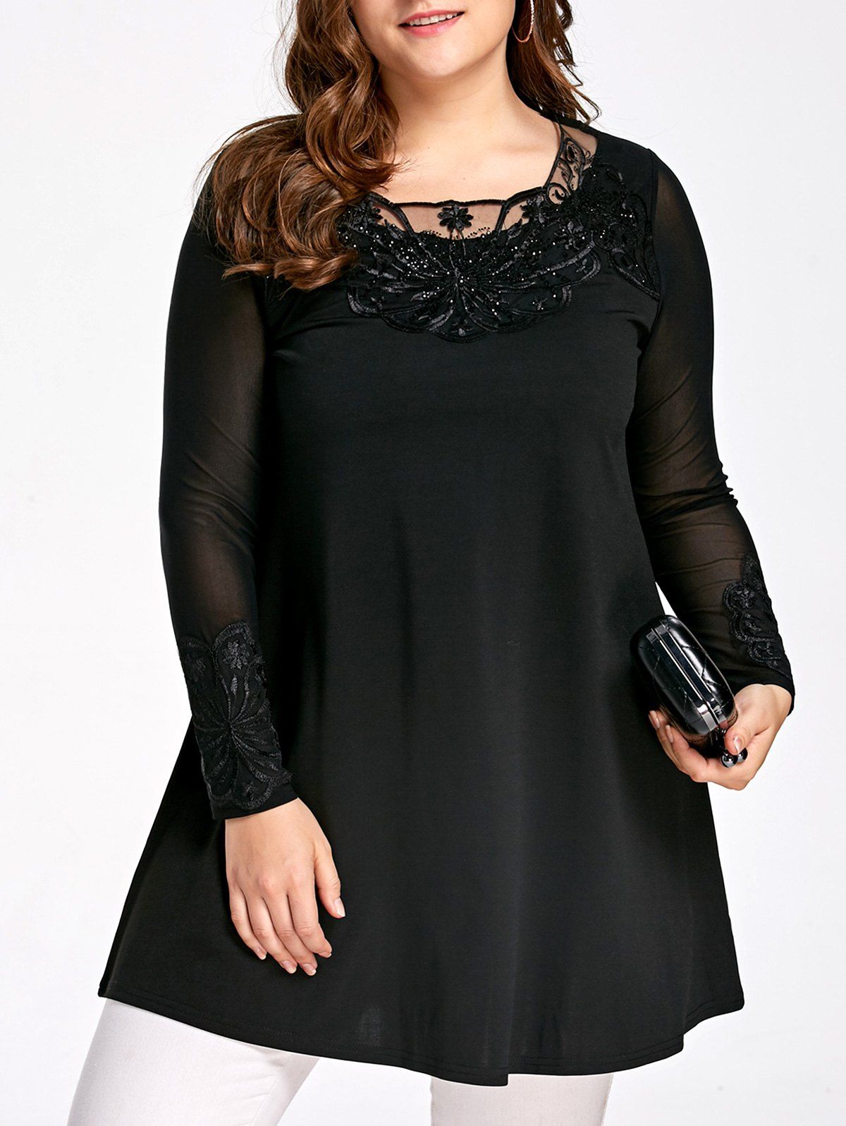 

Mesh Insert Plus Size Lace Tunic Top, Black