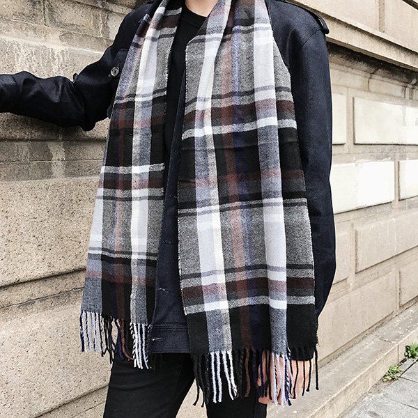 

Cashmere-like Acrylic Yarns Plaid Printed Scarf, Black