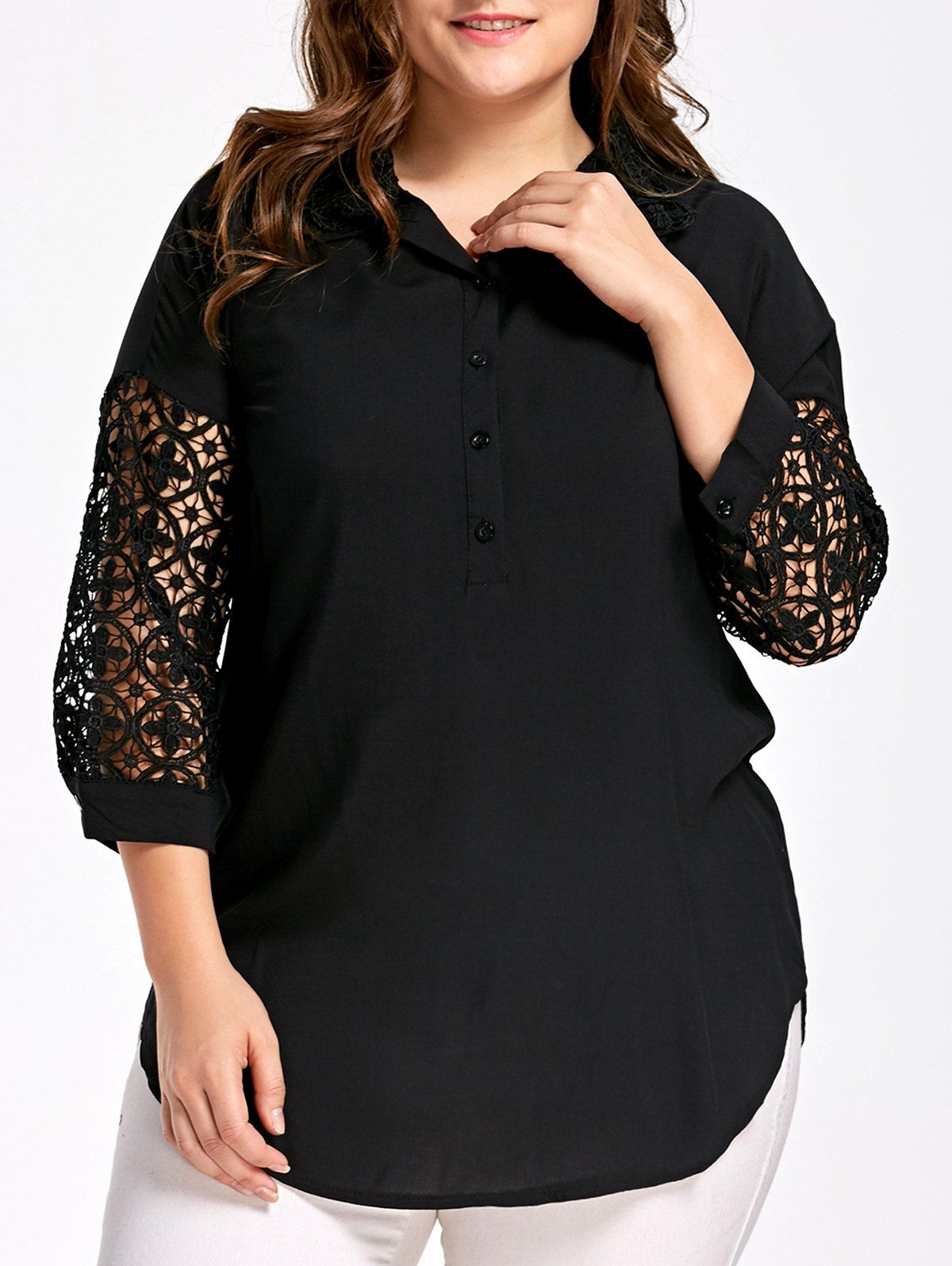 

Hollow Out Sleeve Plus Size Half Button Blouse, Black