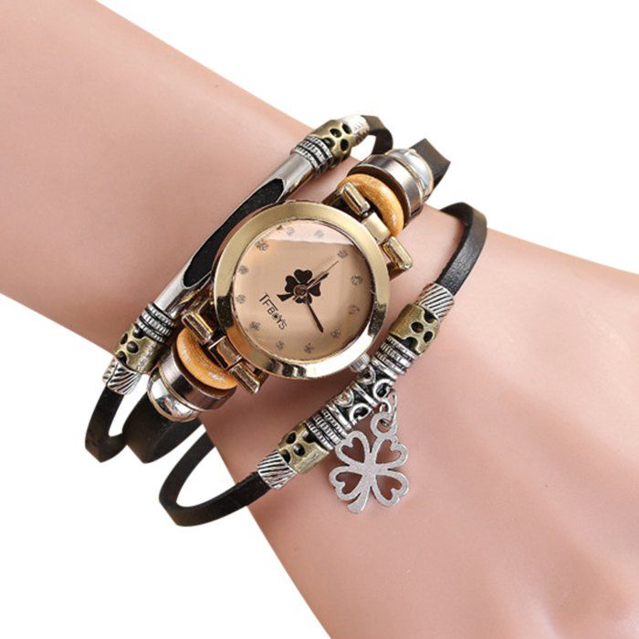 

Four-leaf Clover Charm Bracelet Watch, Black