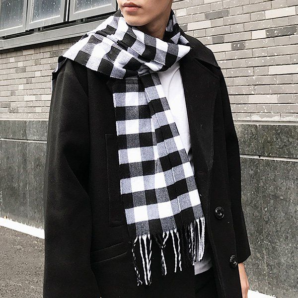 

Fringed Cashmere-like Acrylic Yarns Plaid Scarf, White and black