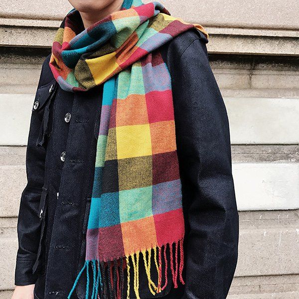 

Fringed Cashmere-like Acrylic Yarns Plaid Scarf, Colorful