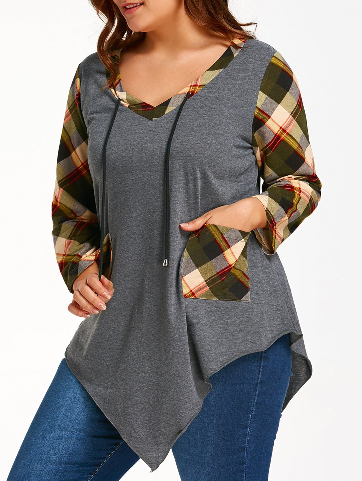 

Plus Size Long Sleeve Asymmetrical Tartan T-shirt, Grey and green