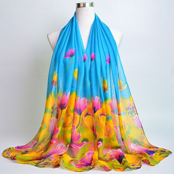 

Flower Painting Printed Voile Wrap Scarf, Azure