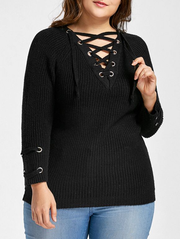 Pull Grande Taille à Lacets Manches Raglan - Noir ONE SIZE