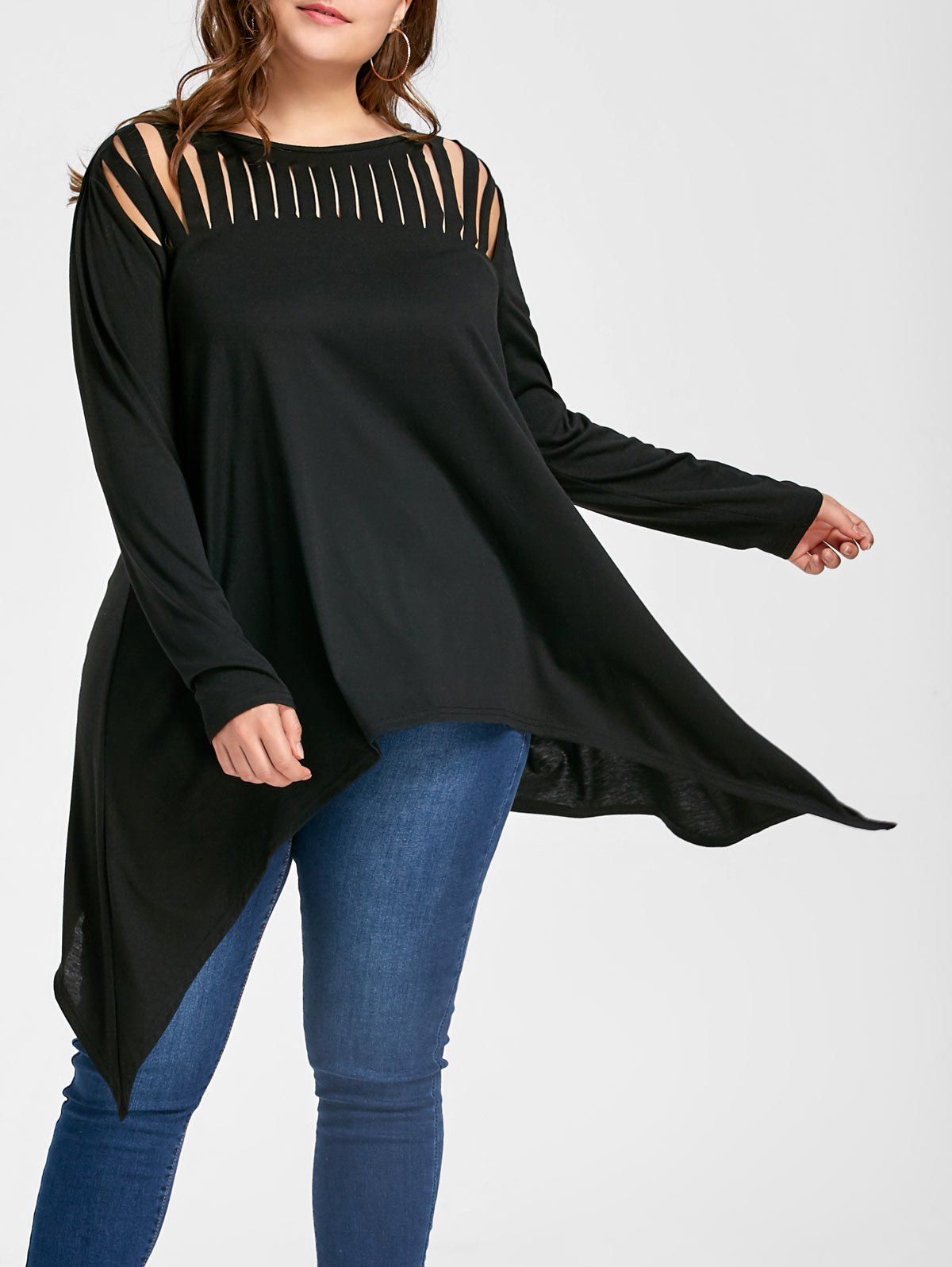 

Plus Size Crescent Hem Ripped Top, Black