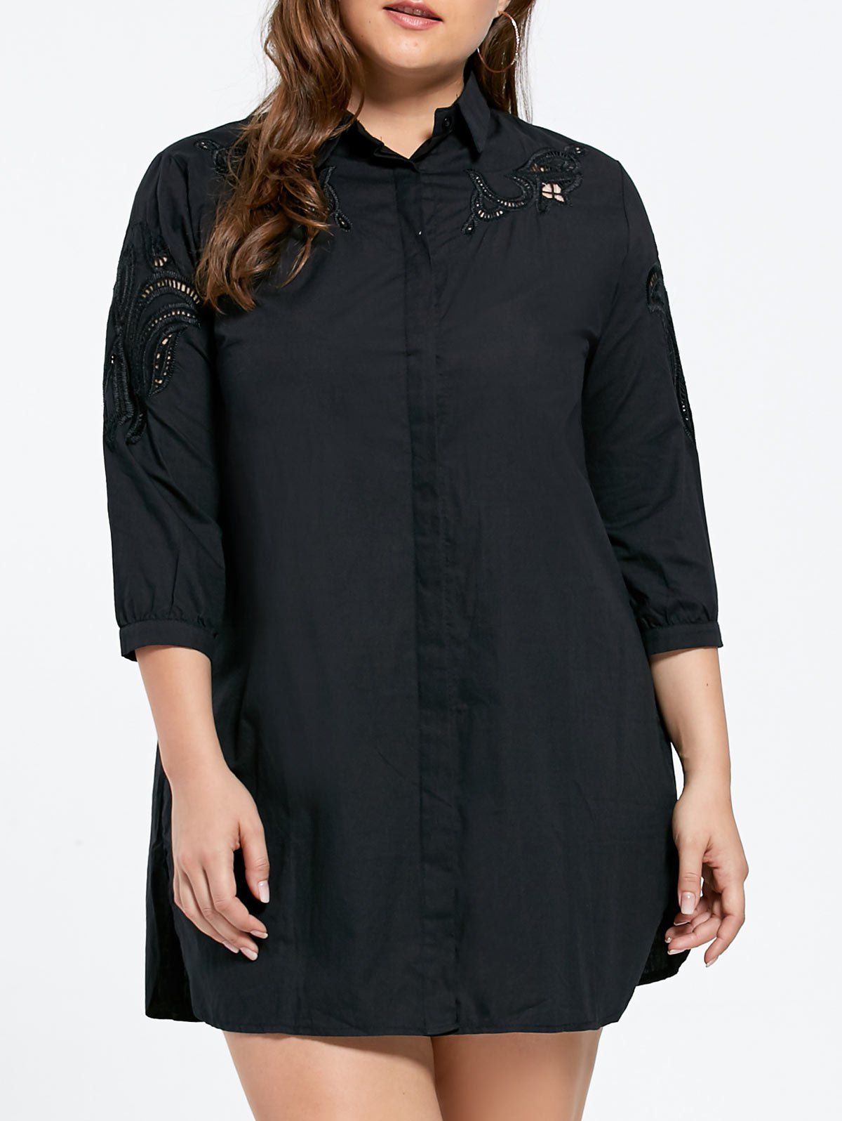 

Plus Size Openwork A Line Shirt Dress, Black