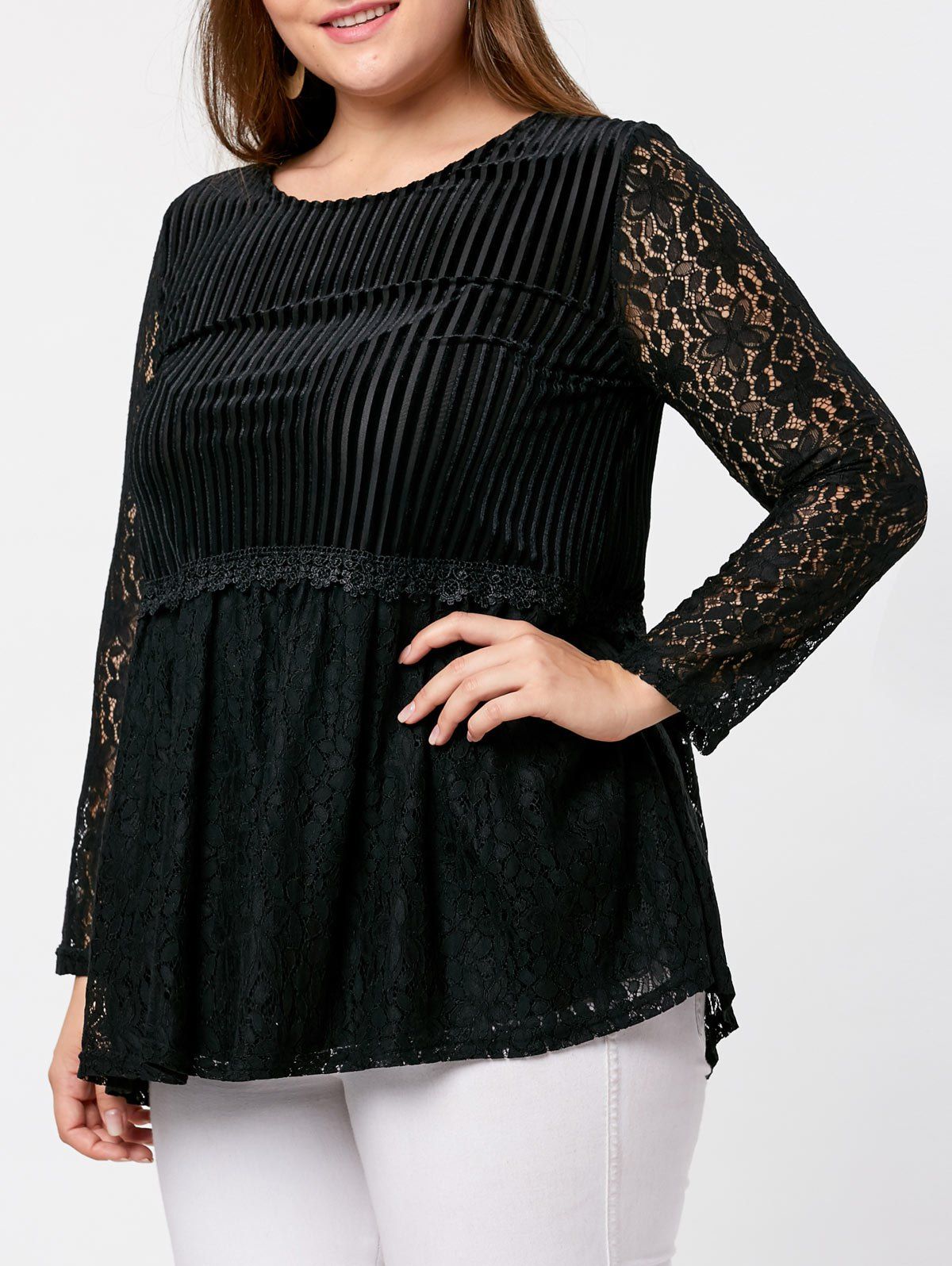 

Plus Size Pleated Lace Sleeve Velvet Top, Black