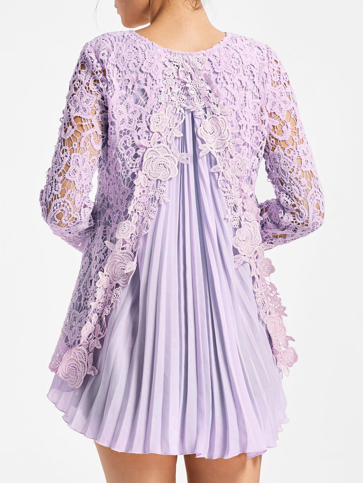

Long Sleeve Pleated High Low Lace Blouse, Light purple