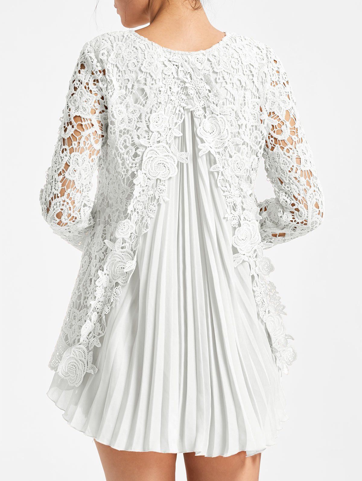 

Long Sleeve Pleated High Low Lace Blouse, White