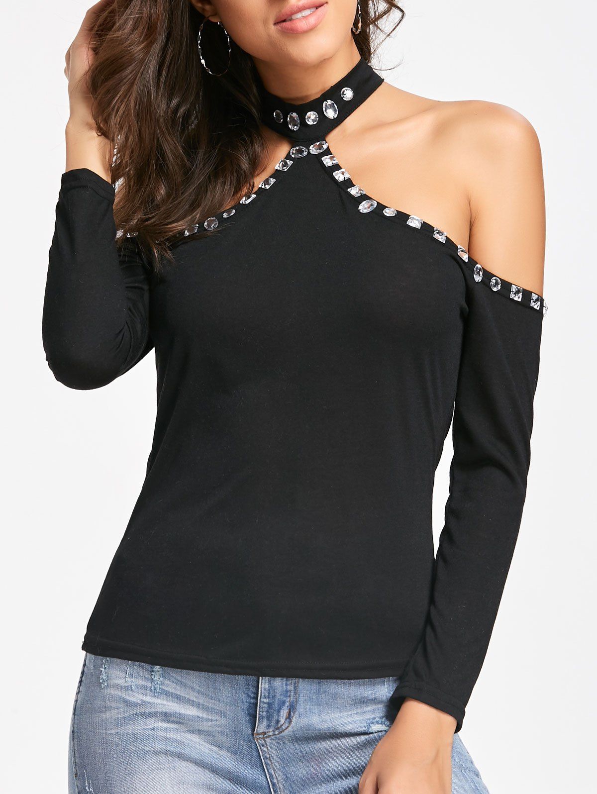 

Rhinestone Cold Shoulder Halter Top, Black