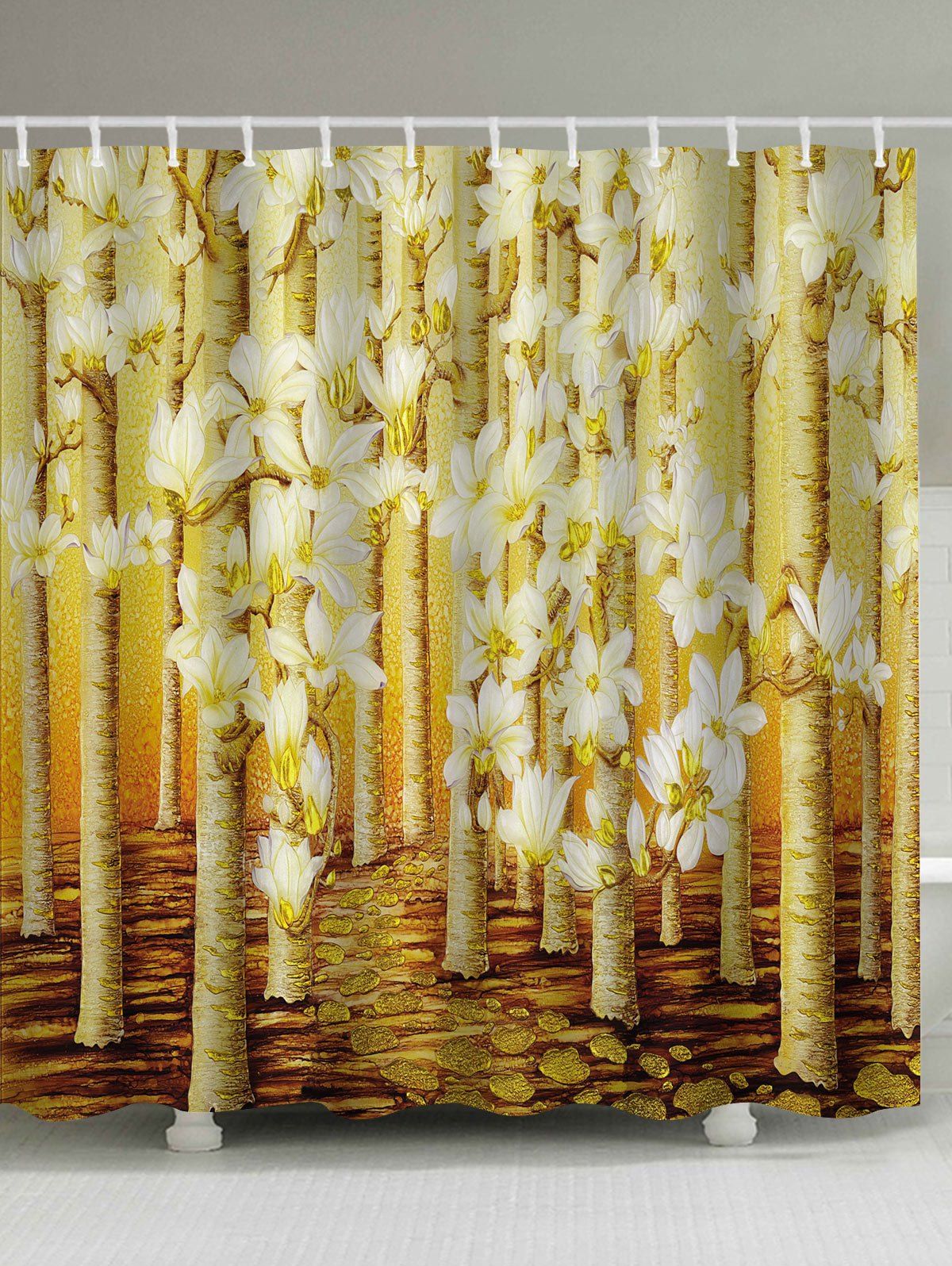

Flower Trees Path Print Waterproof Bathroom Shower Curtain, Golden
