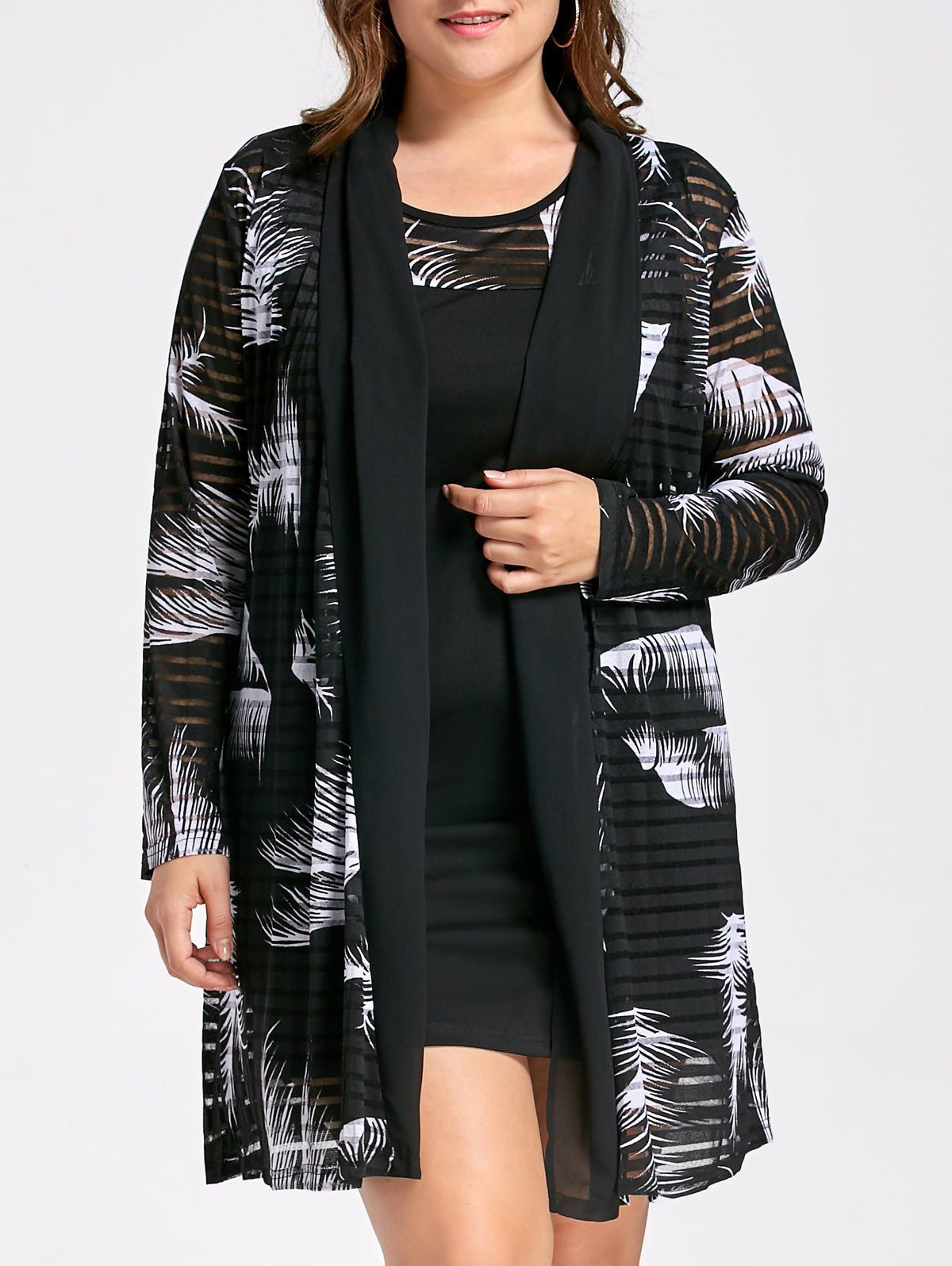 

Plus Size Tank Dress with Long Mesh Sheer Cardigan, White and black