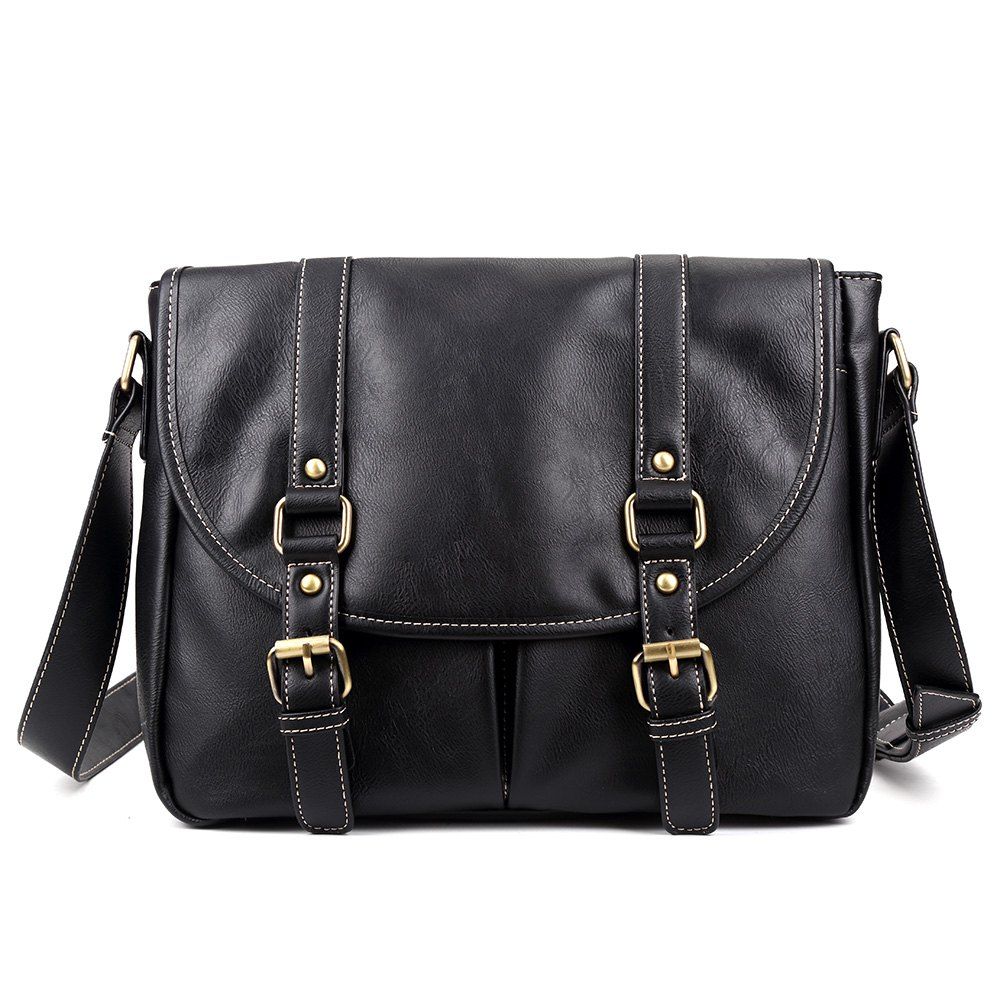 [17 OFF] 2021 PU Leather Double Buckle Straps Messenger Bag In BLACK