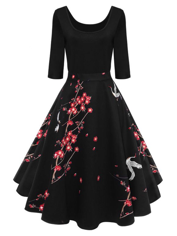 Robe Ajustée et Évasée VintagePin Up Motif Fleurs Rouges - Noir XL