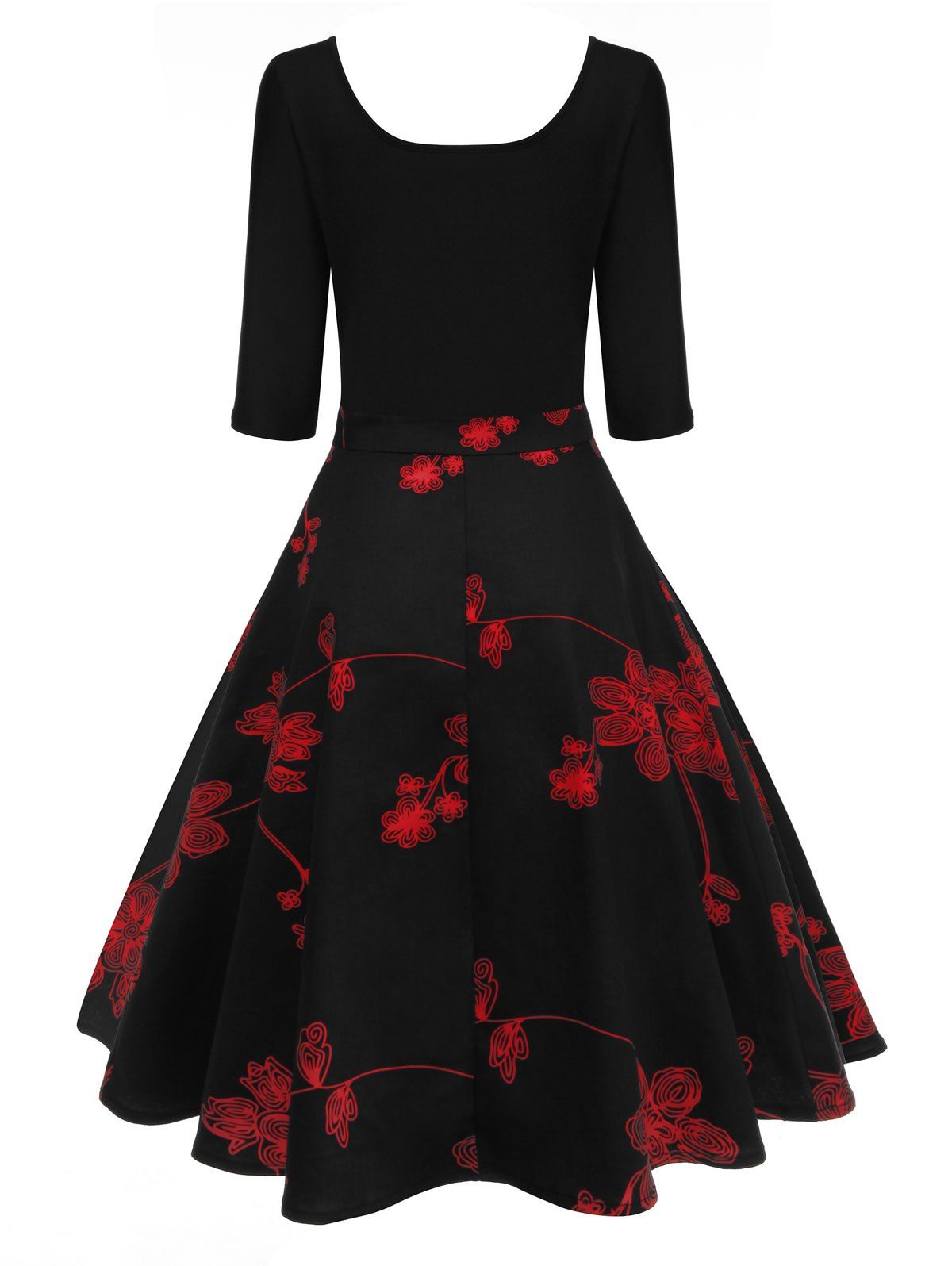 2018 Vintage U Neck Floral Party Skater Dress BLACK/RED S In Vintage ...