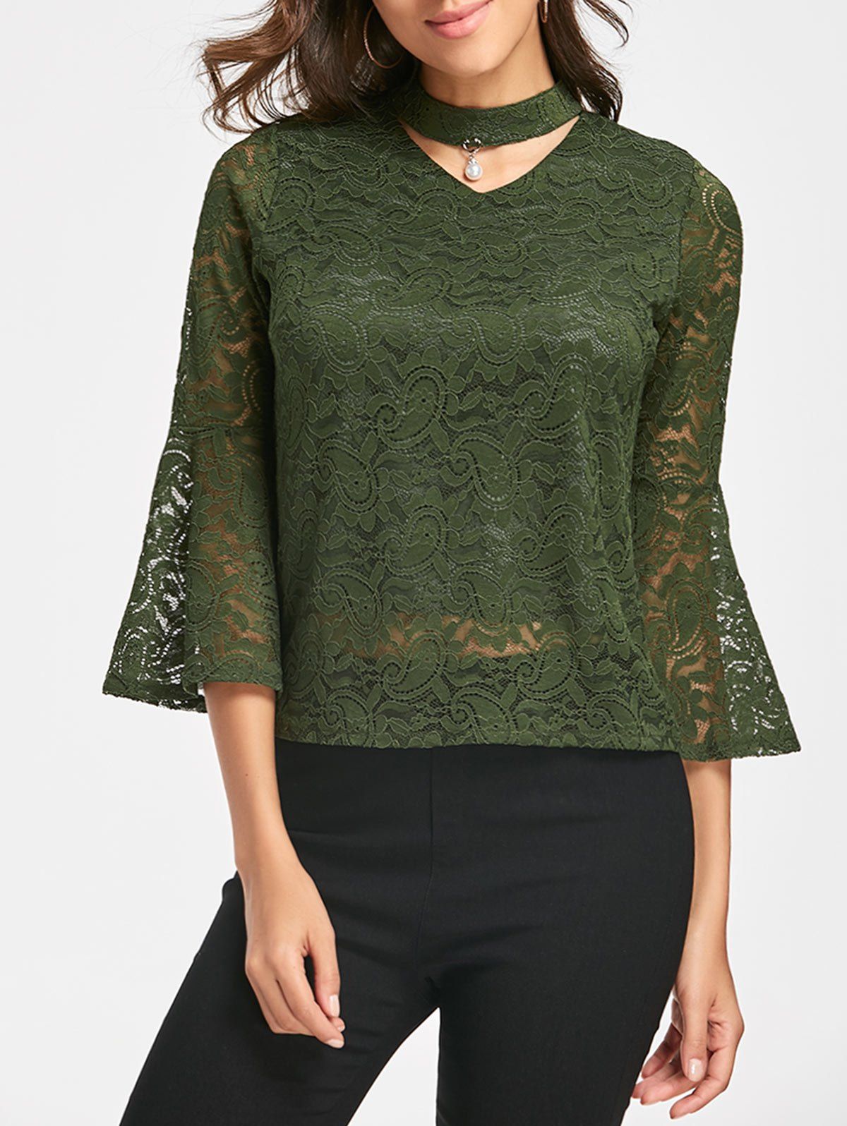 

Lace Flare Sleeve Choker Top, Green