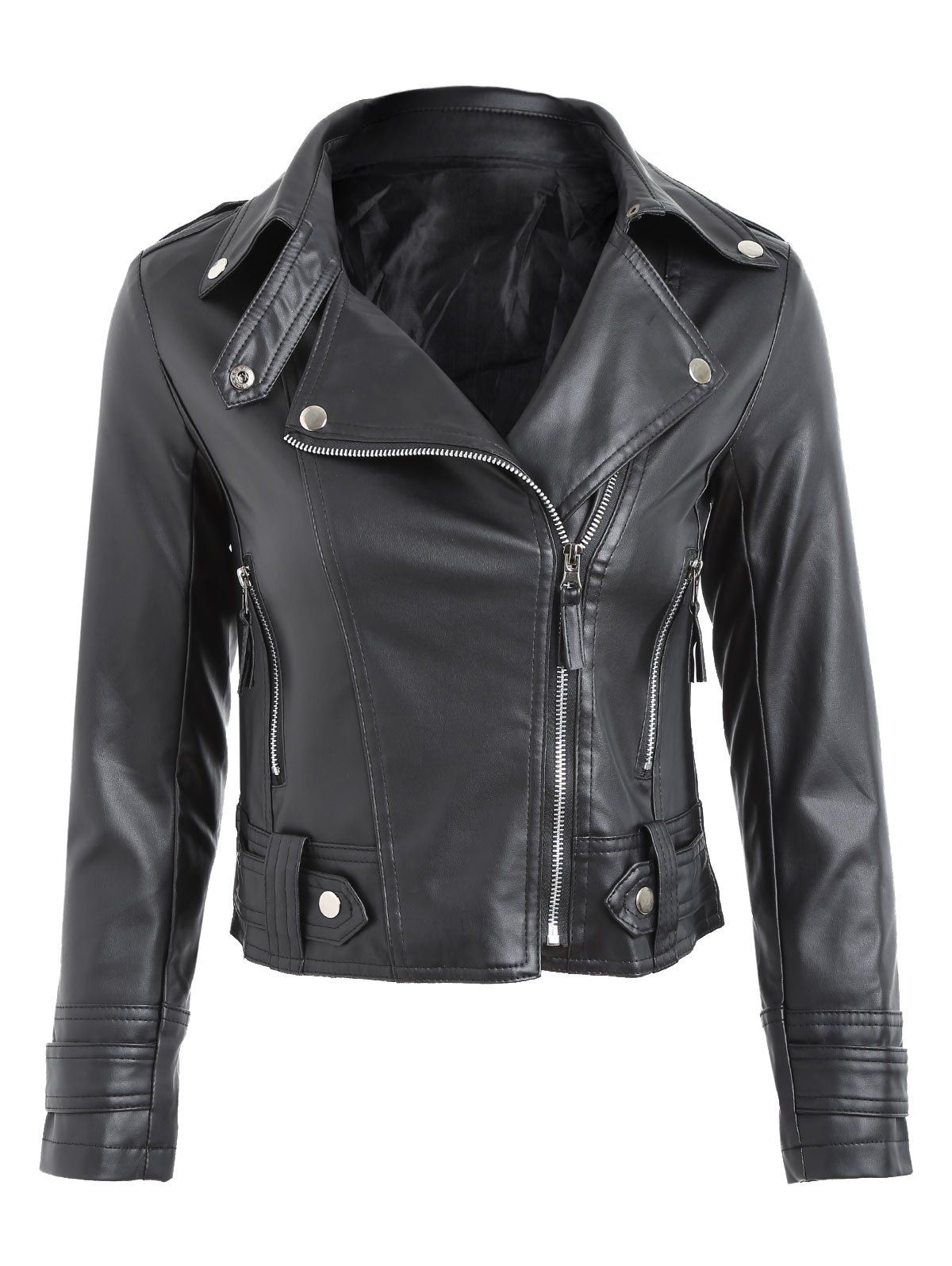 Faux Leather Zipper Fly Biker Jacket - BLACK M