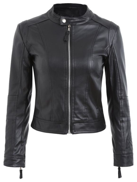 Zipper Fly Faux Leather Biker Jacket - Noir L