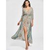Vintage Style Plunging Neck 3/4 Sleeve Full Floral Print Elastic Waist Front Slit Women's Maxi Dress - COLORMIX L