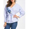 Embroidery Wrap Blouse with Tie Belt - BLUE STRIPE M