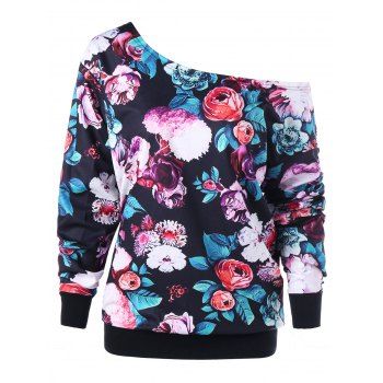 

Plus Size Allover Floral Skew Collar Sweatshirt, Black