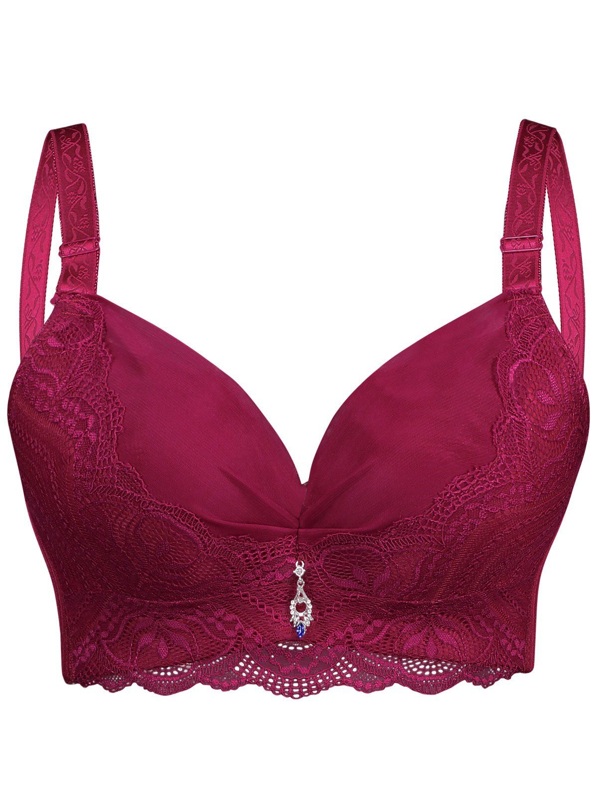 

Padded Underwire Lace Trim Plus Size Bra, Wine red