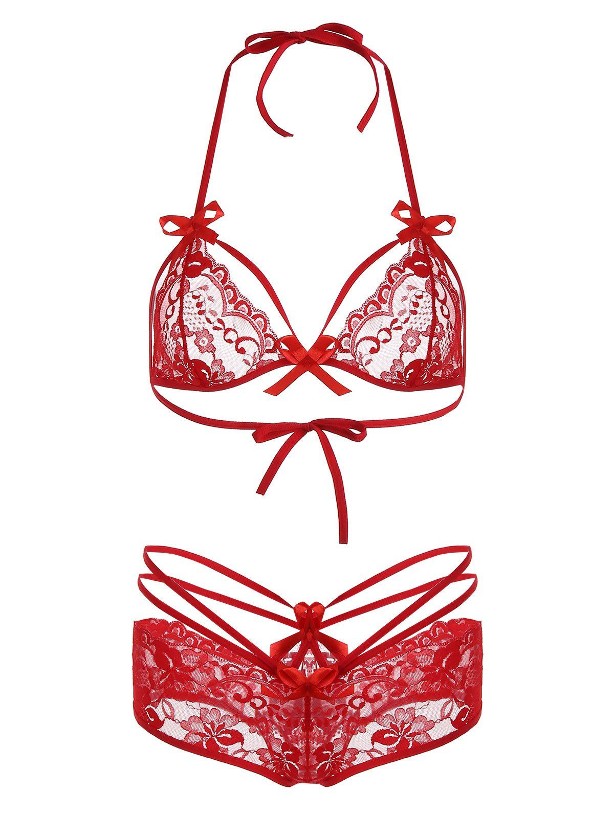 

Halter Lace Sheer Bralette Set, Red