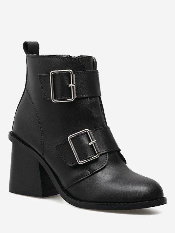

Double Buckle Straps Chunky Heel Ankle Boots, Black