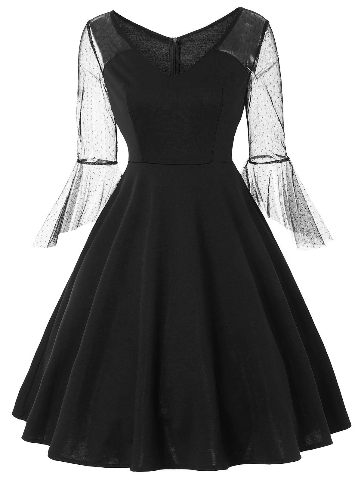 [17% OFF] 2020 Lace Panel Bell Sleeve Vintage Dress In BLACK | DressLily