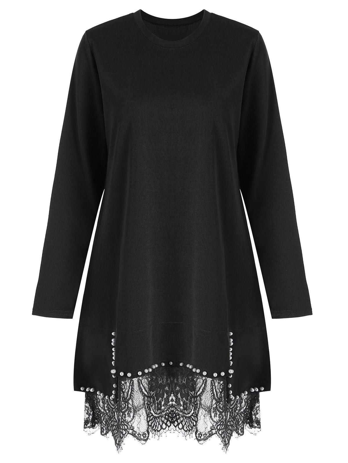 

Plus Size Faux Pearl Lace Trim Tunic Dress, Black