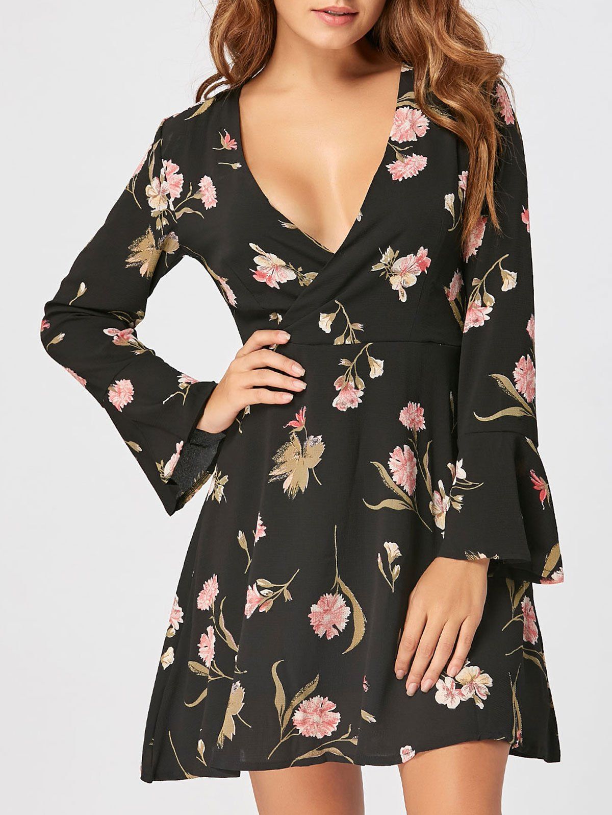 

Bell Sleeve Floral Print Mini Surplice Dress, Black