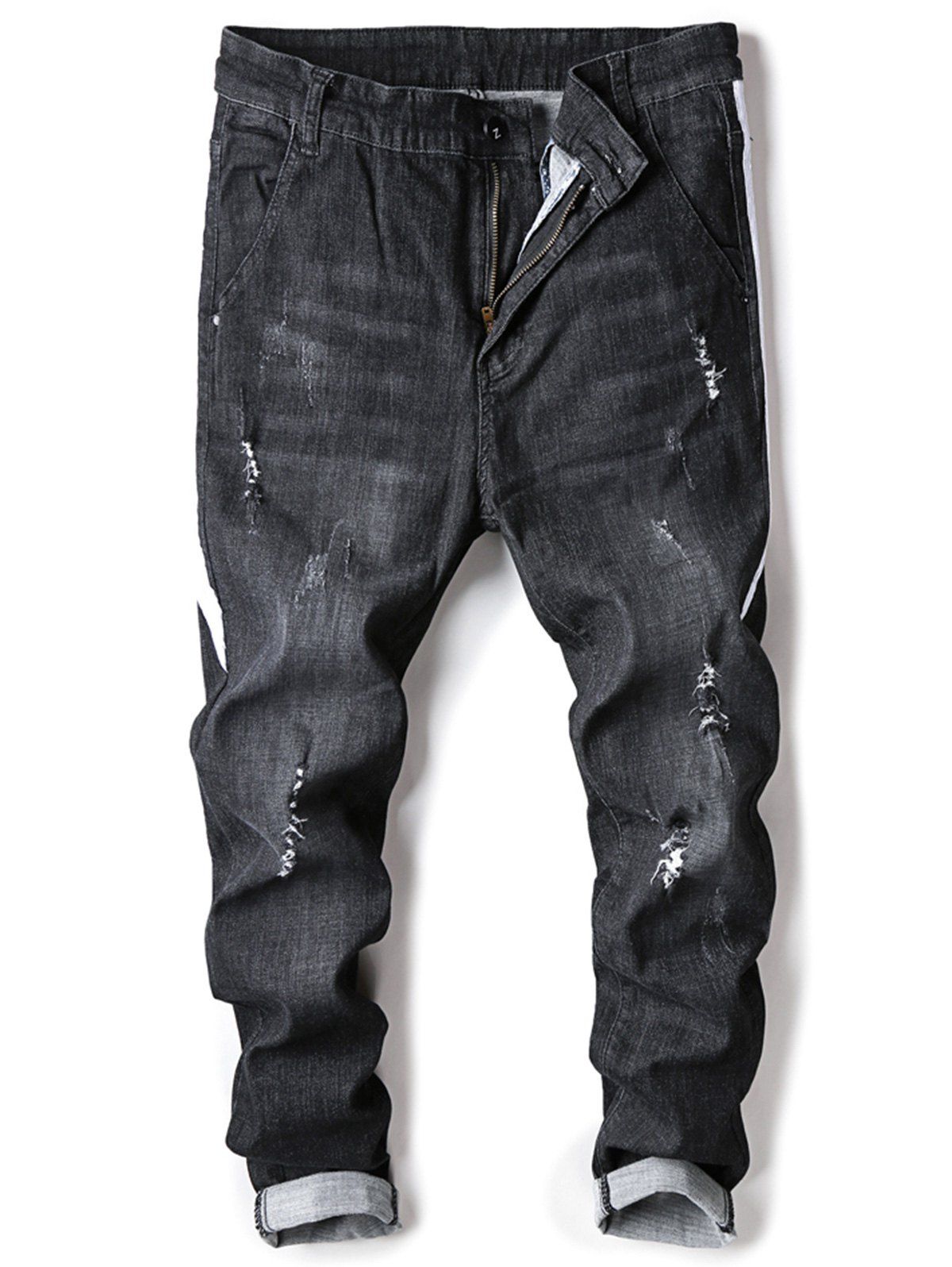 

Selvedge Embellished Zipper Fly Ripped Jeans, Black