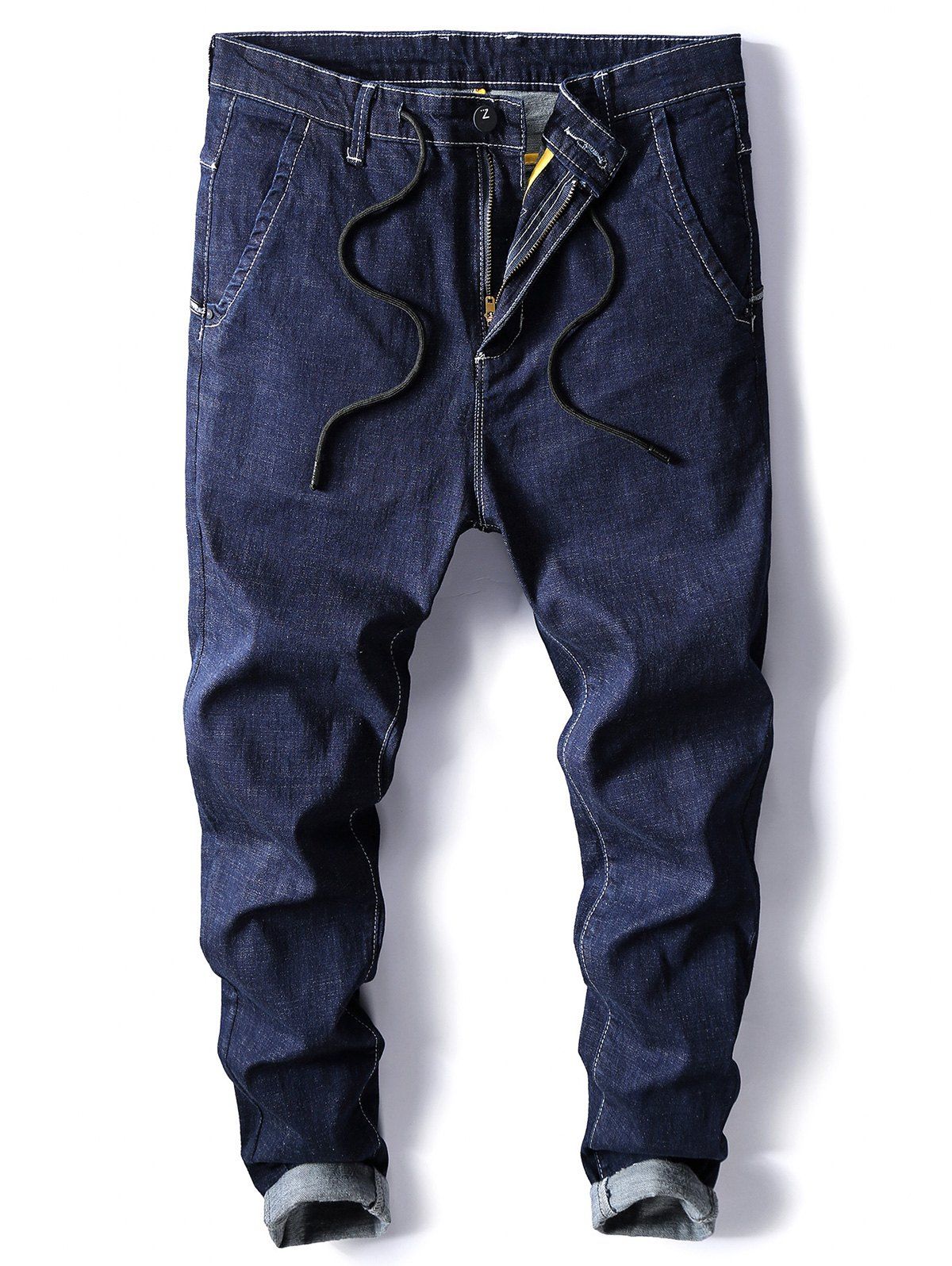 

Low Slung Crotch Zipper Fly Drawstring Harem Jeans, Blue