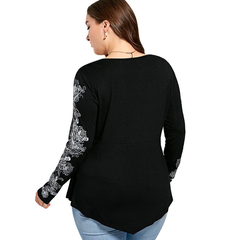 

Plus Size Floral Pattern Long Sleeve Draped T-shirt, Black