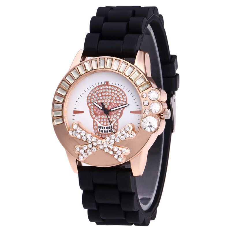 

Rhinestone Skull Silicone Watch, Black