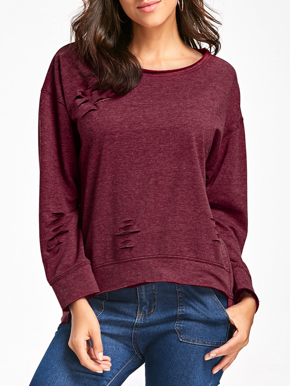 

Distressed Long Sleeve Top, Wine red